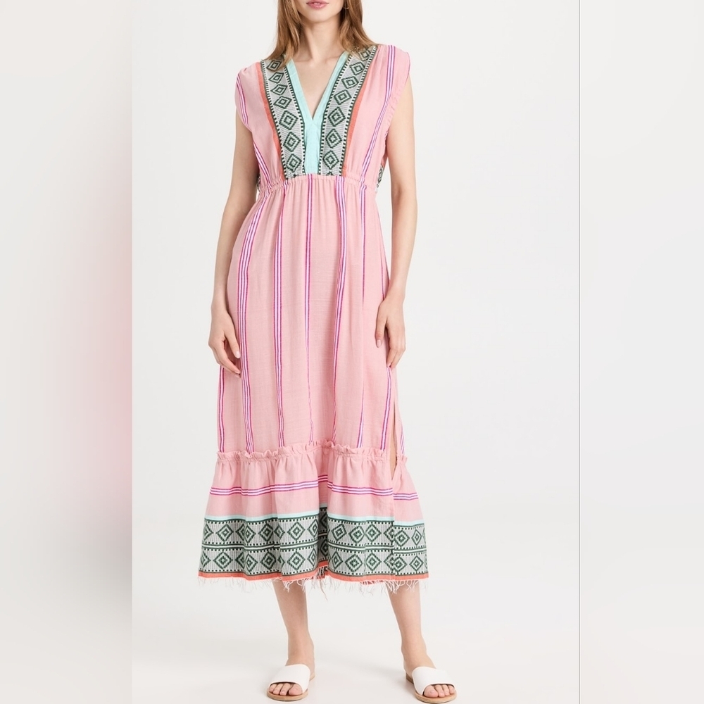 Lemlem Pink Striped Cotton Gauze V-Neck Sleeveless Empire Waist Rosa Midi Dress